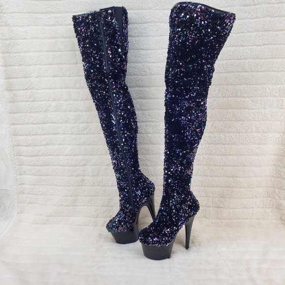 3020 Black Multi Stretch Sequin Platform 7" Heels Thigh High Boots - Picture 2 of 10